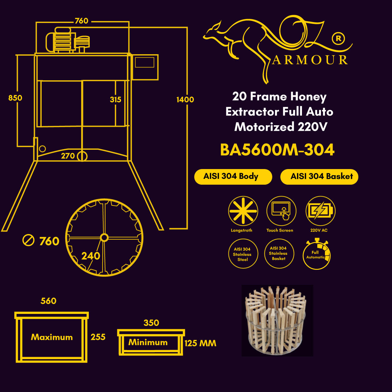 OZ ARMOUR 20 Frames Electric Honey Extractor