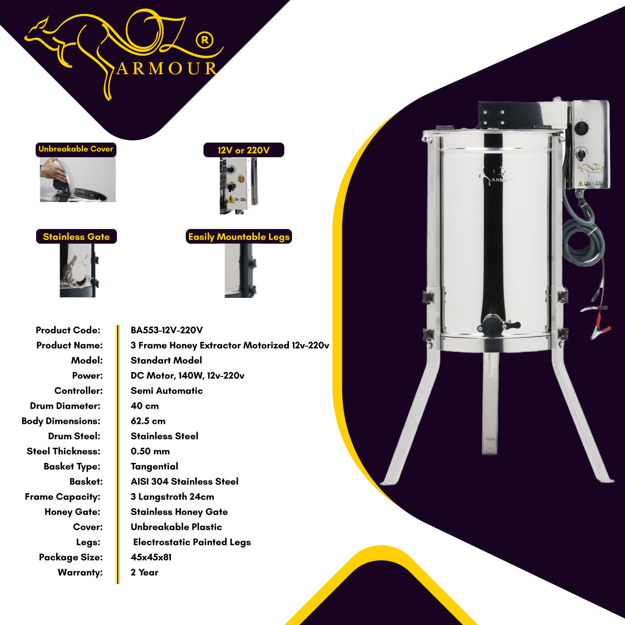 OZ ARMOUR 3 Frames Electric 220V & 12V Battery Operated Honey Extractor