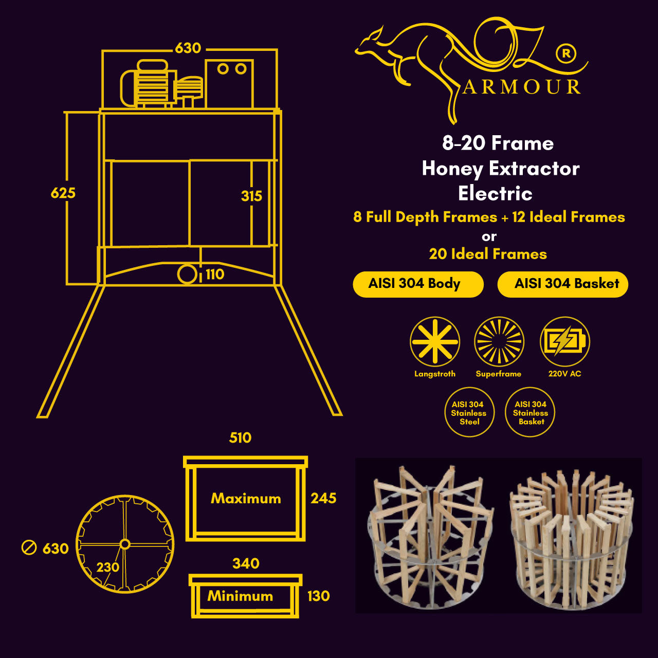 OZ ARMOUR 8-20 Frames Electric Honey Extractor Fully Automatic