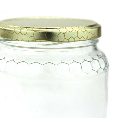 Set of 24 round glass jars, each 375 ml with an elegant honeycomb design, suitable for homemade preserves or decorative storage.