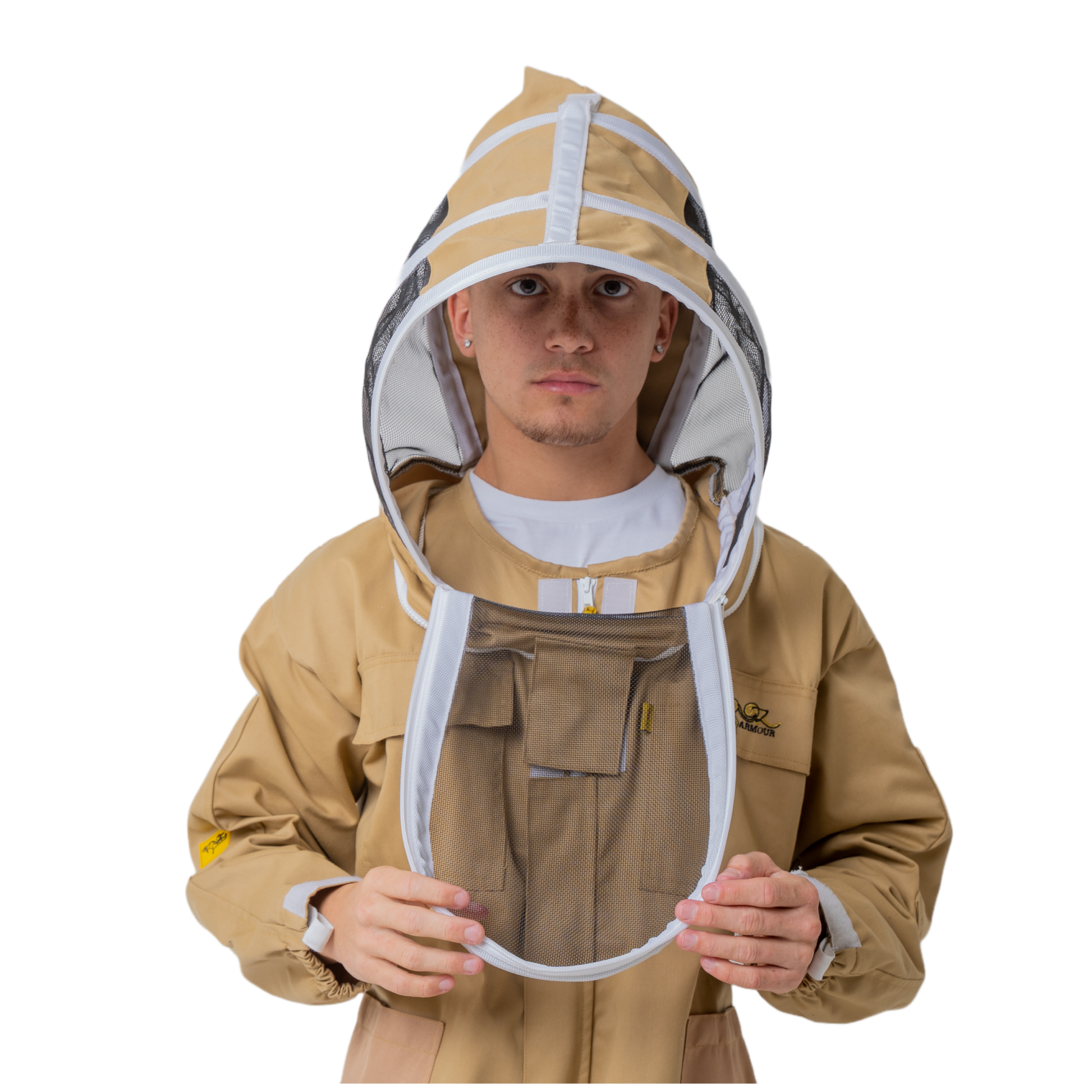 Protective beekeeping suit with fencing veil in khaki