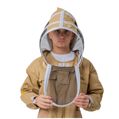 Protective beekeeping suit with fencing veil in khaki