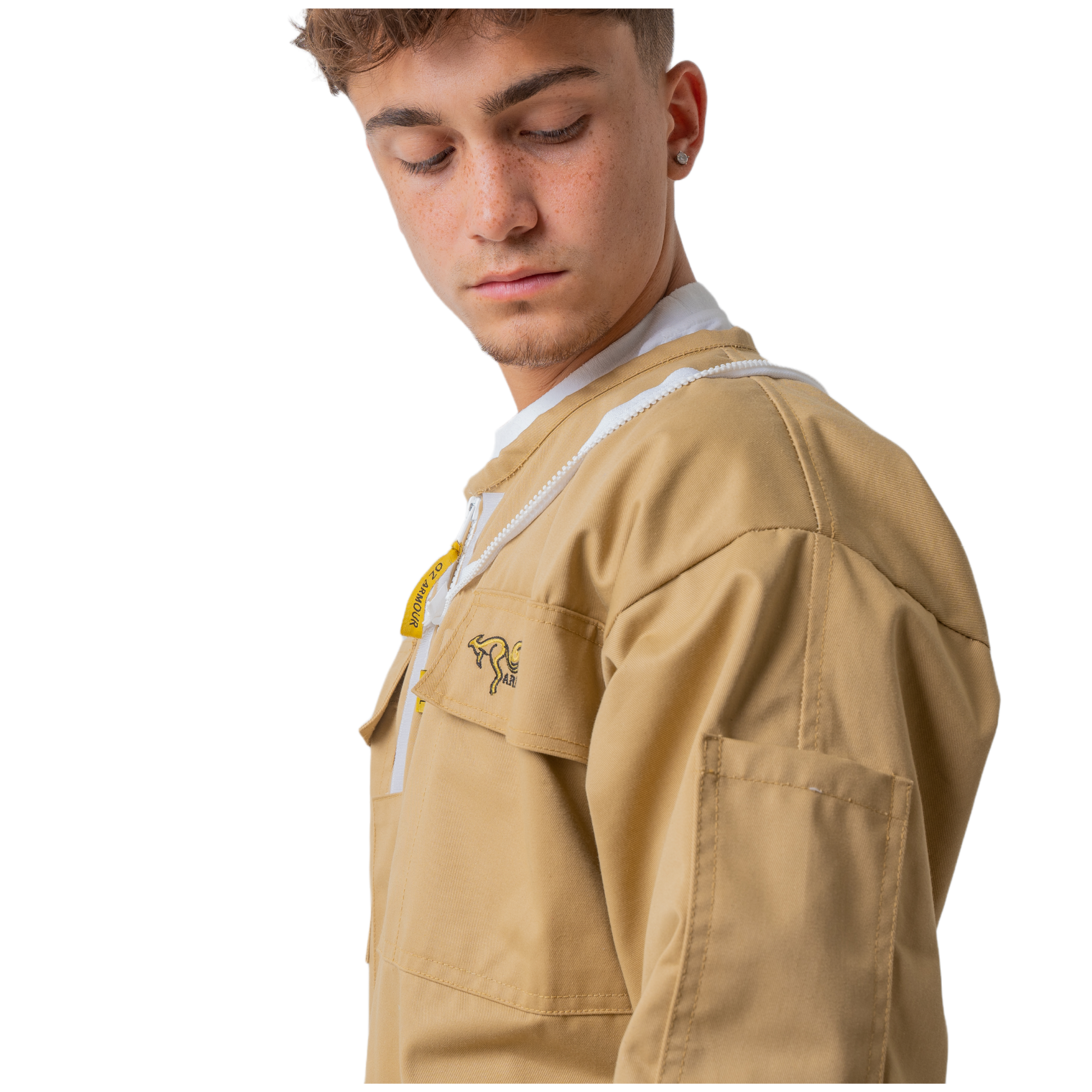 Protective beekeeping suit with fencing veil in khaki side view