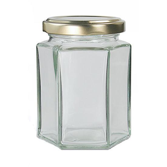 380 ML HEXAGONAL GLASS JARS HONEY CONTAINERS GOLD LIDS, 380ml Glass Honey Jars, Hexagonal Honey Containers, Gold Lid Jars, Food Grade Glass, Clear Transparent, Kitchen Storage, Bulk Honey Containers, Elegant Design Jars, Twist Neck Glass Jars, Affordable Pricing