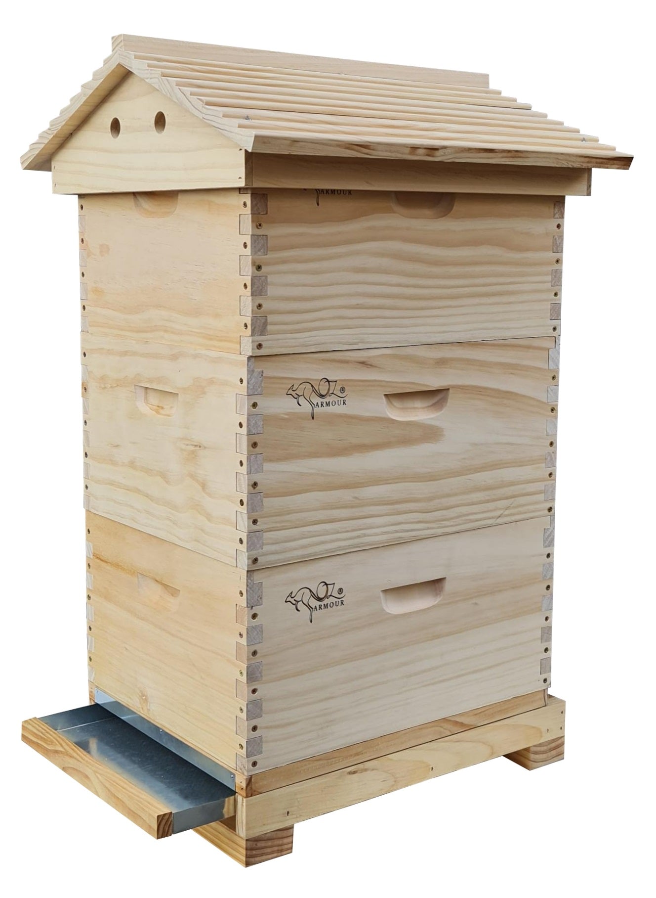 THREE LEVELS OZ ARMOUR GABLED TELESCOPIC 22MM THICK BEEHIVE WITH MESH BOTTOM BOARD