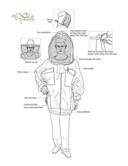 OZ ARMOUR Poly Cotton Semi Ventilated Beekeeping Jacket With Fencing Veil,Beekeeping,beekeeping gear,oz armour