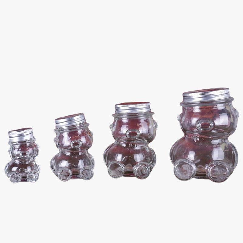  teddy bear glass jars, premium quality jars, 300ml honey jars, gift honey jars, hat style lid, beekeeping supplies, whimsical honey jars, clear glass containers, kitchen storage jars, honey gift ideas, decorative honey jars